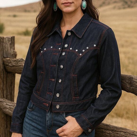 Unique Vintage Dark Denim rhinestone Western Boxy Crop Jacket XL - Picture 1 of 9